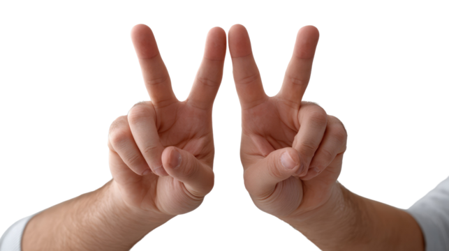 Peaceful gesture: Two hands demonstrating the peace sign, embodying tranquility and unity in a minimalistic setting.