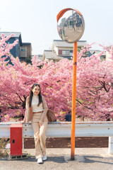 Happy woman posing by roadside with mirror pole and cherry blossom in springtime