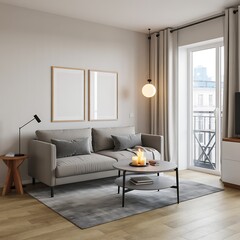 Fototapeta premium Modern Living Room Interior with Gray Sofa Coffee Table and Candles
