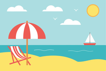 A vibrant flat design illustration of a serene beach scene with a striped deck chair and umbrella under a sunny sky with clouds and a sailboat on the ocean isolated on transparent background