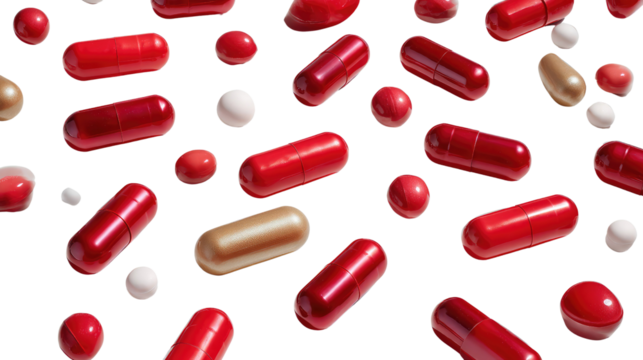 Red and Gold Capsules Scattered: A vibrant scatter of red and gold capsules against a white background, suggesting a concept of health, medicine, or pharmaceuticals.