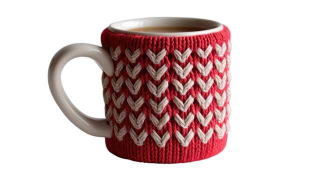 Cozy Coffee Mug: An inviting, steaming mug of coffee, nestled within a stylish red and white knitted cozy, perfect for a moment of warmth and comfort.  - Powered by Adobe