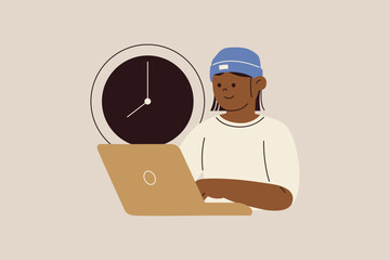 Man Working on Laptop with Time Management Illustration