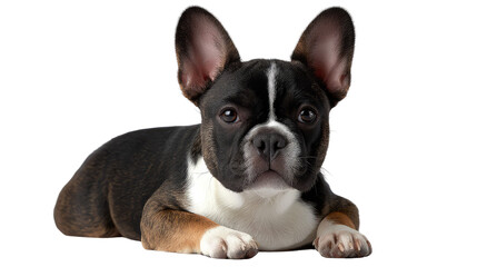 Fototapeta premium Adorable Boston Terrier Resting: A charming and adorable Boston Terrier dog lies peacefully, radiating a sweet and endearing aura, as if ready to steal your heart.