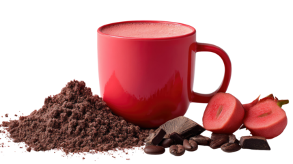 Radiant Red Cup of Delight: A striking image of a vibrant red mug brimming with a luscious beverage, accompanied by an assortment of tantalizing ingredients.