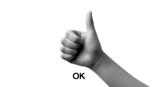 OK Gesture of approval: A black and white image of a hand making the 'OK' gesture, conveying a sense of agreement and satisfaction.