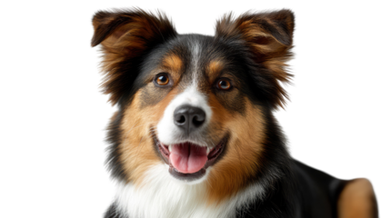 Australian Shepherd: A portrait of an Australian Shepherd dog, gazing directly at the camera with an open mouth, showing its happy expression, embodies friendship and devotion. 