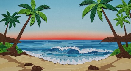 Obraz premium Beach scene with palm trees created from cut paper.