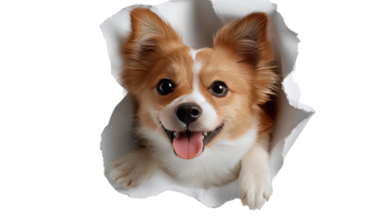 Happy Puppy: Playful dog bursting through torn paper, cheerful expression, adorable pet, joyful canine. 