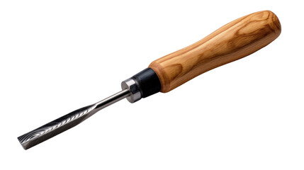 Fototapeta premium Carving Tool isolated: A hand-held wood chisel with a polished wooden handle and sharp steel blade, ready for detailed craftsmanship.