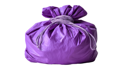Purple garbage bag isolated: This captivating image shows a tightly-sealed purple garbage bag, isolated. The lighting highlights the texture of the bag. 