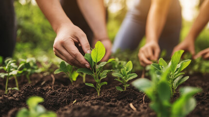 A group of families sharing gardening tips in a community garden, planting together, with lush greenery and fresh soil providing a peaceful atmosphere. —ar 16:9 