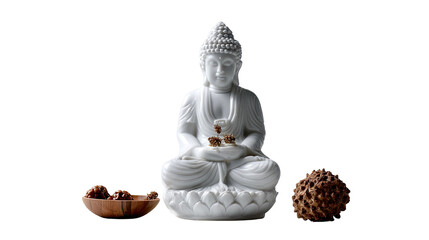 Tranquil Buddha Sculpture: A serene white Buddha statue sits in meditative pose, embodying peace and mindfulness, flanked by wooden bowls and decorative elements that enhance the calm atmosphere.