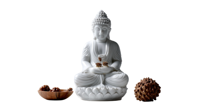 Tranquil Buddha Sculpture: A serene white Buddha statue sits in meditative pose, embodying peace and mindfulness, flanked by wooden bowls and decorative elements that enhance the calm atmosphere.