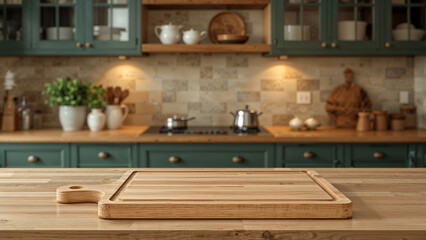 Empty Wooden Cutting Board on Kitchen Counter with Rustic Background Display