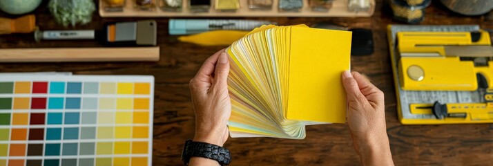 Female hands holding yellow color swatches on wooden desk in design studio