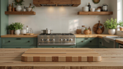 Empty Wooden Cutting Board Kitchen Counter Rustic Background Traditional Cabinetry Warm