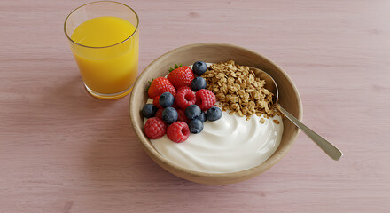 Wooden Bowl with Yogurt Granola Berries and a Spoon Healthy Breakfast.