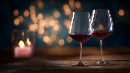 Two wine glasses on rustic table with deep red wine glowing in warm candlelight