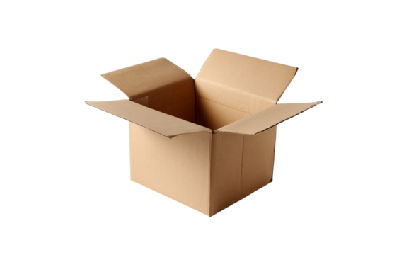 Open cardboard shipping box isolated on transparent background