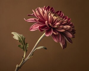 Beautiful crimson flower displayed against a warm brown background showing intricate petal details and green leaves in a natural setting