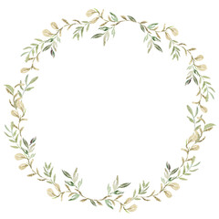 Obraz premium Leaf wreath painted in watercolor.Elegant leaves collection with eucalyptus leaves, hand drawn watercolor.Design for invitation, wedding or greeting cards.Leaves circle.