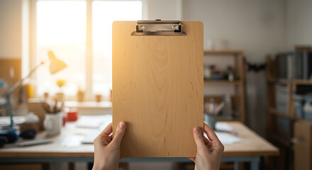 Wooden Clipboard Held by Hands in Bright Workspace.