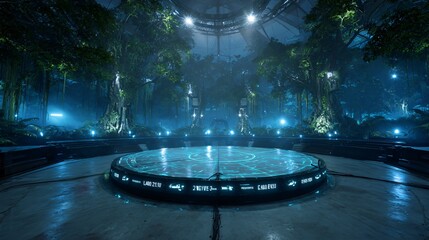 Cybernetic jungle gaming podium with bioluminescent data vines. Copy space. Generative AI