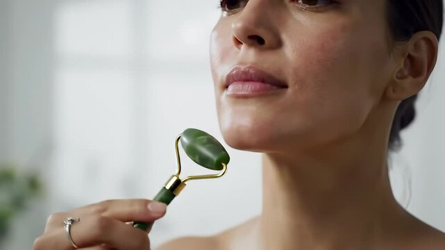 Young woman performs a natural skincare beauty routine, using a jade roller to gently massage her glowing face for wellness.