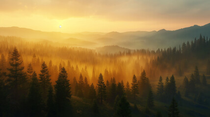 Golden Hour Mist Over Mountain Pine Forest – Serene Valley Landscape at Sunrise