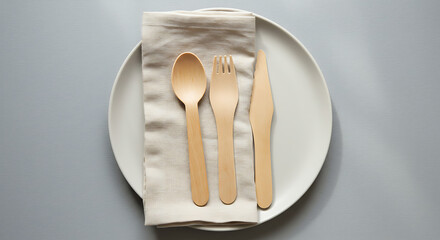 Wooden Cutlery Set on Plate with Napkin.