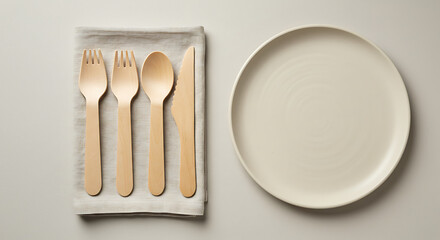 Wooden Cutlery Set with Plate on Napkin.