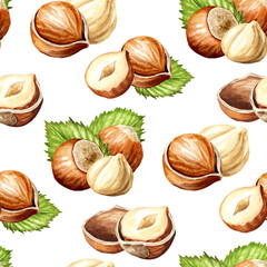 Hazelnut seamless pattern. Hand drawn watercolor illustration isolated on white background