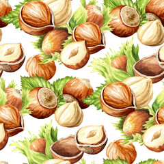 Hazelnut seamless pattern. Hand drawn watercolor illustration isolated on white background