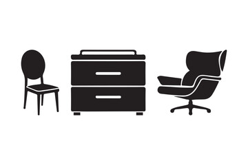 Minimalist black silhouette of office furniture including chairs and a filing cabinet