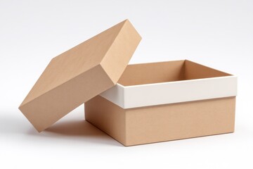 Tan box with white trim and the lid angled upward to the left