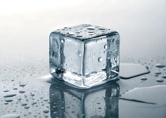Clear ice cube resting on a reflective surface with droplets of water in a well-lit environment during the daytime