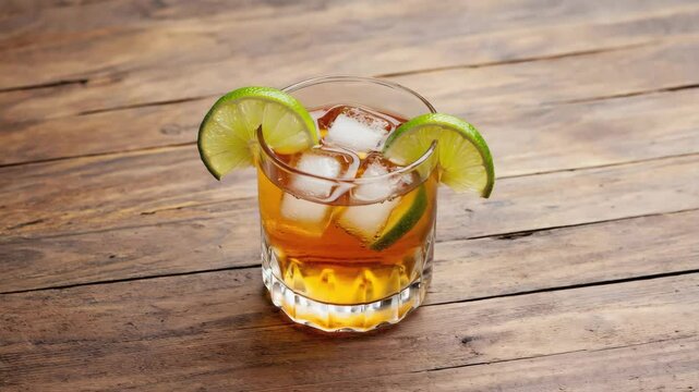 Brazilian cacha&ccedil;a, served in a glass with lime wedges and ice, rustic wooden table
