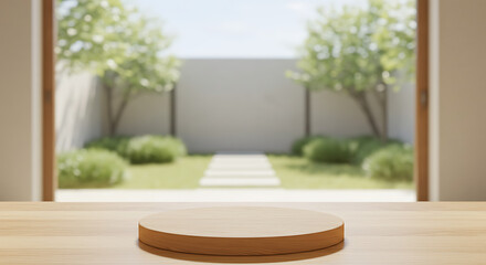 Wooden Display Platform on Tabletop with Garden View.