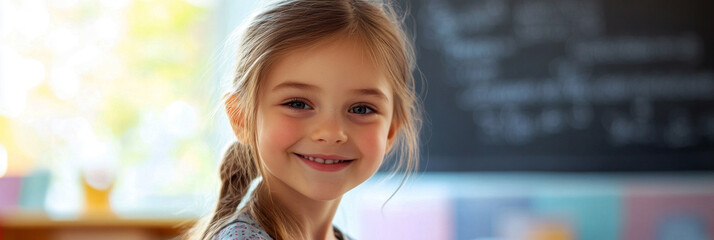 A Scandinavian girl, around 10 years old, smiles confidently as she participates in classroom activities with classmates. The atmosphere is cheerful and vibrant, banner
