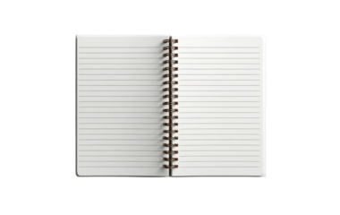 Open spiralbound notebook with blank lined pages isolated on transparent background