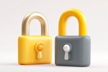 Naklejka premium Two cartoon padlocks are shown one yellow with a gold shackle and one grey with a yellow shackle