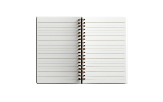Open spiralbound notebook with blank lined pages isolated on transparent background - Powered by Adobe