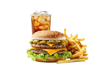 double cheeseburger with french fries and soda isolated on transparent background