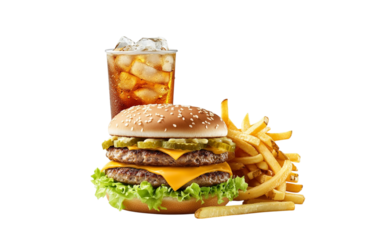 double cheeseburger with french fries and soda isolated on transparent background