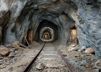Naklejka premium Ancient mine tunnel exploration featuring rail tracks, leading towards an unknown light and exit