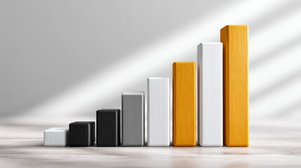 A minimalist bar chart with ascending blocks in black, gray, white, and yellow colors on a light surface with shadows.