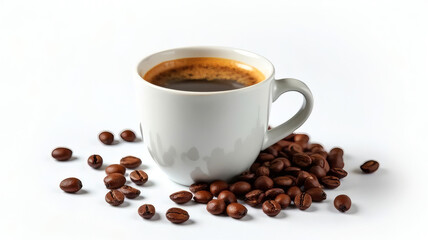 Obraz premium White Espresso Cup with Scattered Coffee Beans on Clean White Background Fresh Morning Energy Concept