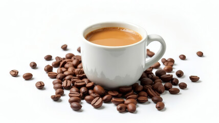 Fototapeta premium White Espresso Cup with Scattered Coffee Beans on Clean White Background Fresh Morning Energy Concept