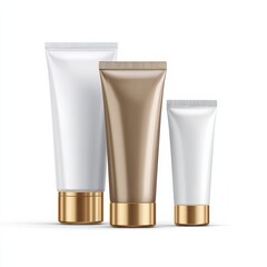 Three cosmetic tubes of varying sizes in white and gold colors with gold caps, arranged in a row on a white background.
